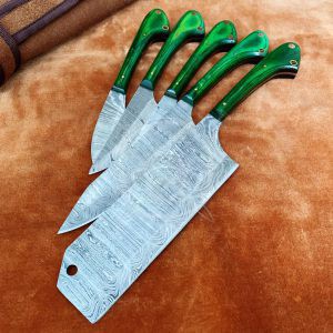 Damascus Set of 5 Pieces Hard Wood Mosaic Pins Handle Professional Kitchen Chef Knife Set Comes With PU Leather Sheath - Image 3