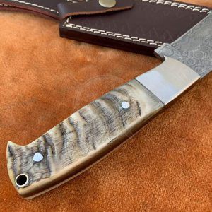 Handmade Damascus Hunting 11" Knife Ram Horn Steel Bolster Handle With Sheath - Image 3