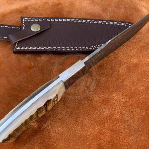 Handmade Damascus Hunting 11" Knife Ram Horn Steel Bolster Handle With Sheath - Image 4