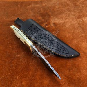 Handmade Damascus Hunting Skinner Knife with Camel Bone with Mosaic Pins Handle With Sheath - Image 3