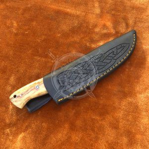 Handmade Damascus Hunting Skinner Knife with Olive Wood with Mosaic Pins Handle With Sheath - Image 4