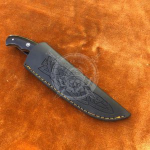 Handmade Damascus Hunting 8.50" Gut Hook Knife with Black Horn Handle with Leather  Sheath - Image 4