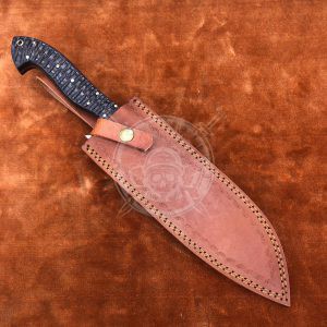 Custom Made Damascus Raindrop Blade Kitchen Knife With Leather Sheath - Image 4