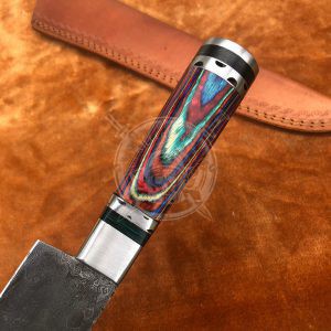 Custom Made Damascus Raindrop Kitchen Knife With Leather Sheath - Image 3