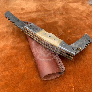 Double Blade Folder Knife - With Custom Leather Sheath - Image 4