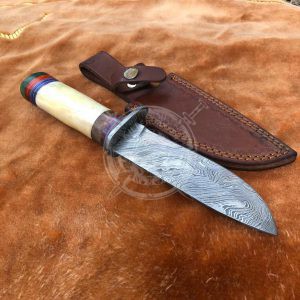 Custom 10" Damascus Hunting Knife With Leather Sheath - Image 3
