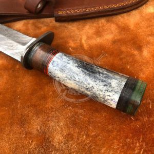 10" Damascus Hunting Knife With Leather Sheath - Image 4