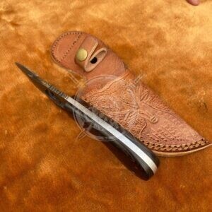 Pretty Handmade Damascus Gut Hook EIK Skinning Knife With Hand Engraved Leather Sheath - Image 4