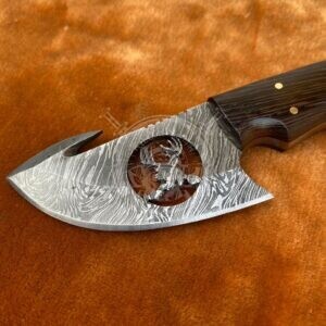 Pretty Handmade Damascus Gut Hook EIK Skinning Knife With Hand Engraved Leather Sheath - Image 3