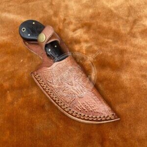 Pretty Handmade Damascus Gut Hook EIK Skinning Knife With Hand Engraved Leather Sheath - Image 5